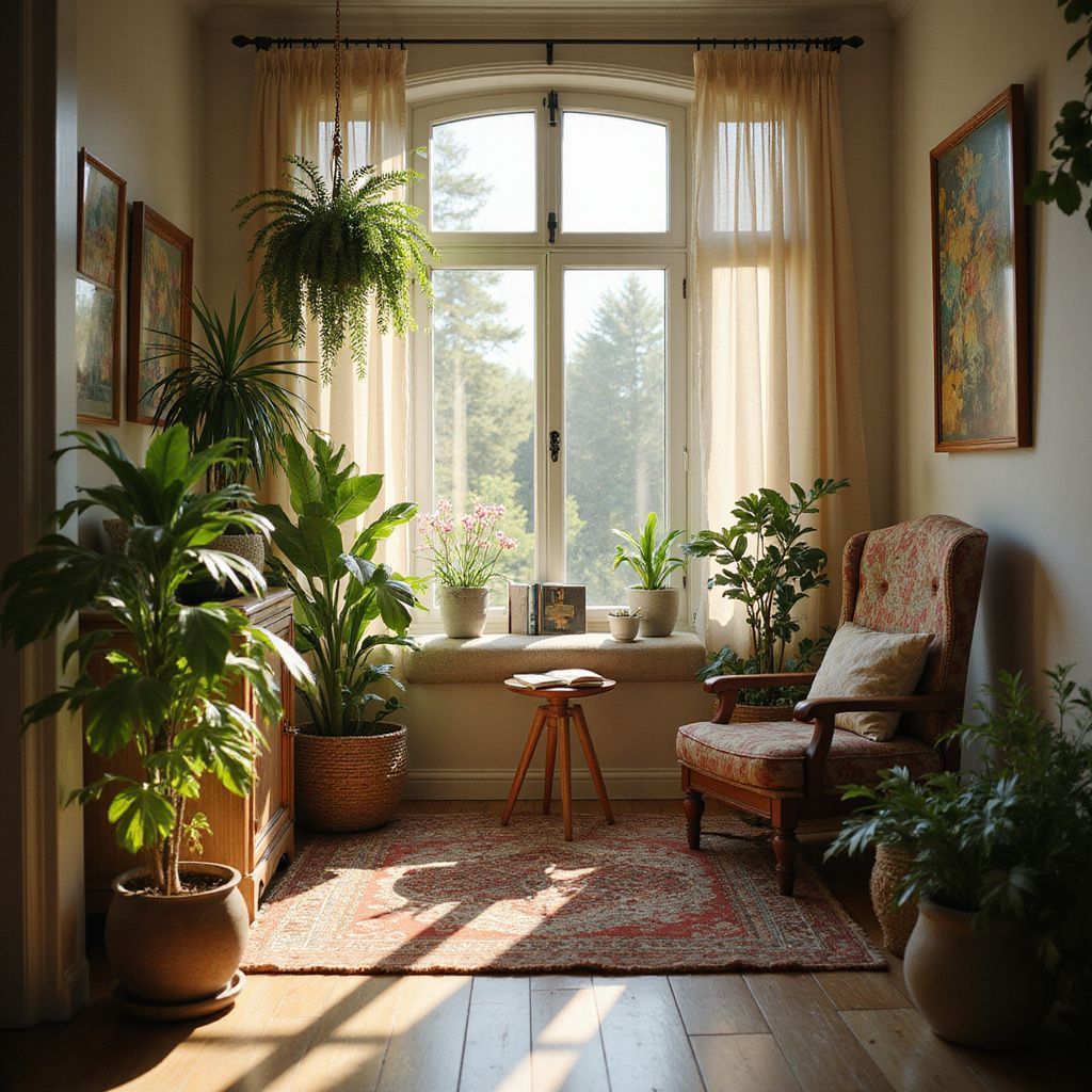 Cozy room with sunlight, plants, and armchair near a window overlooking a forest.