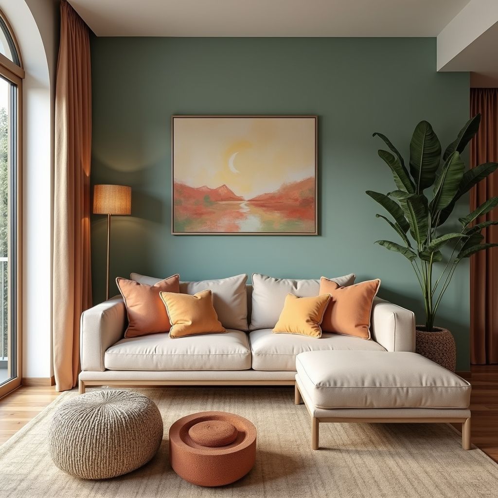 Living room with sage green wall, cream sofa with orange pillows, and a large plant.