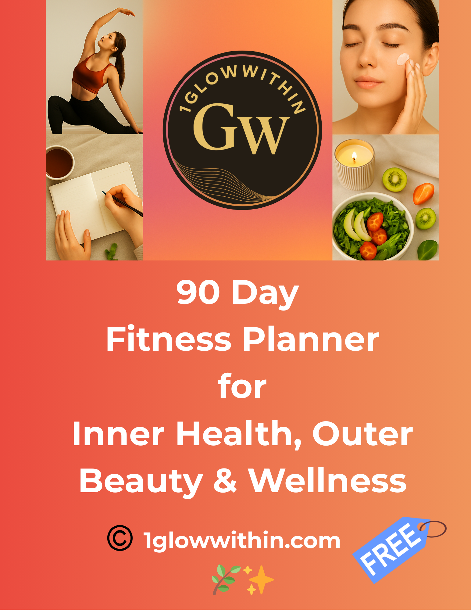 Fitness planner ad with woman doing yoga, skincare, food, and writing. Text: 90 Day Fitness Planner. Free.