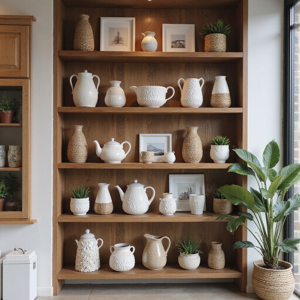 Wooden shelves filled with white pottery, framed art, and potted plants.