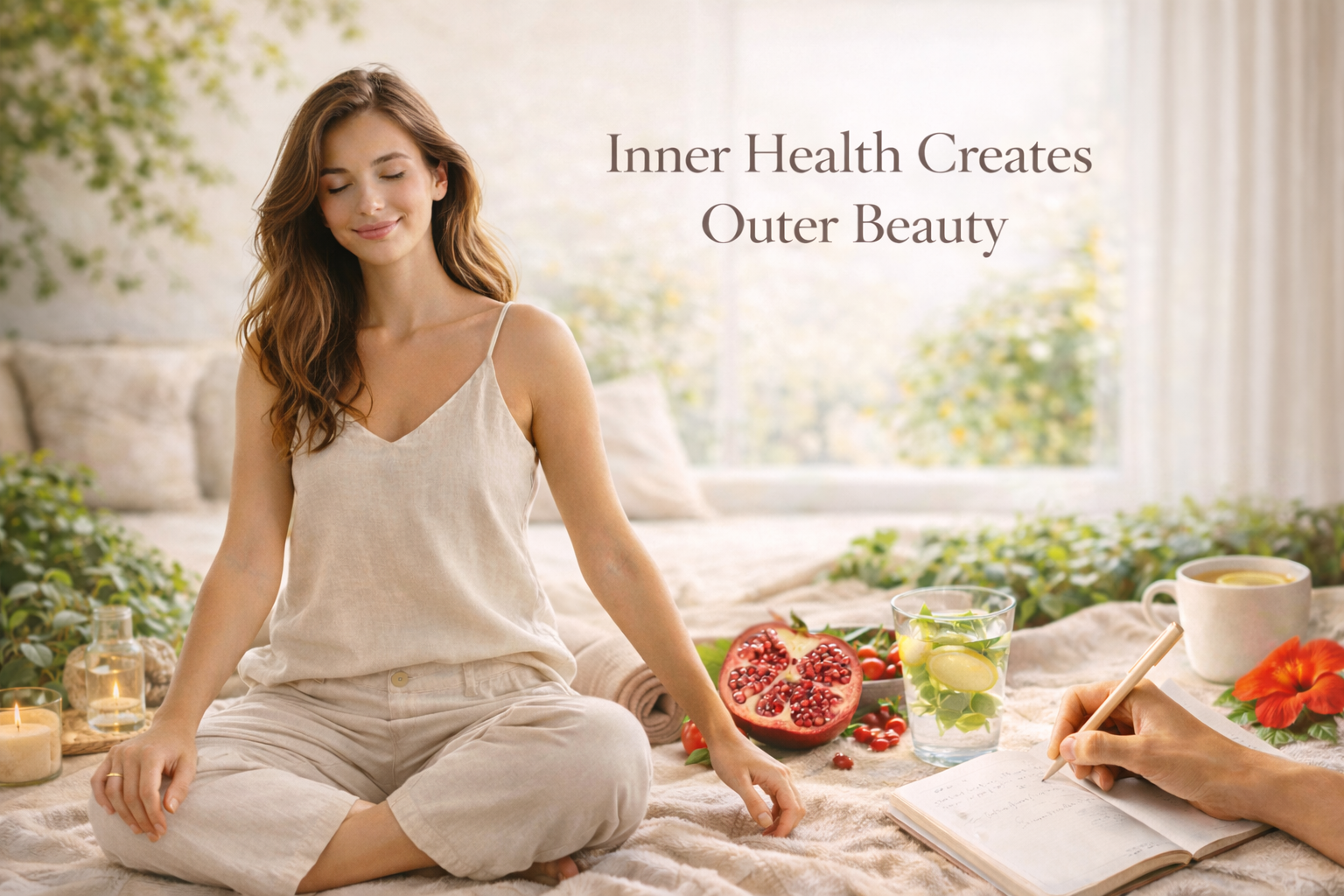 Woman practicing wellness with natural nourishment. Inner Health creates outer beauty