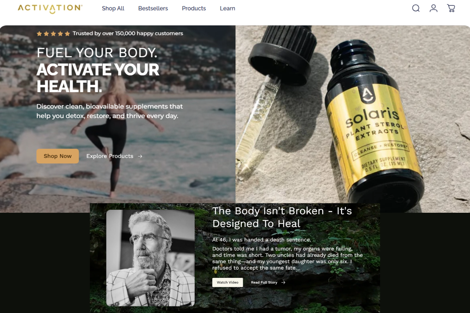 Webpage with banner ad featuring a woman on a beach, product shots, and a quote.