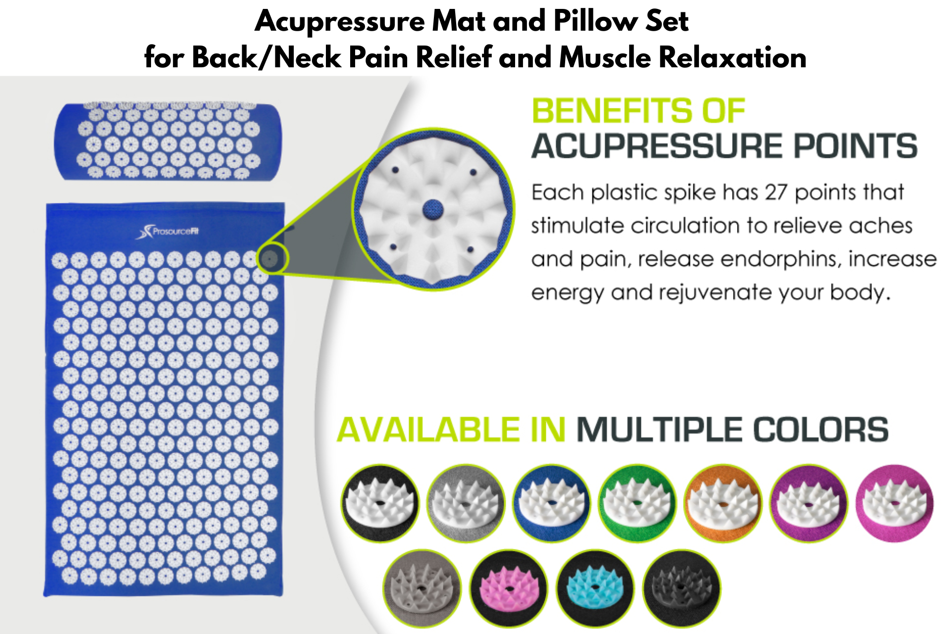 Acupressure mat and pillow set in blue, for pain relief, circulation stimulation, and multiple color options.