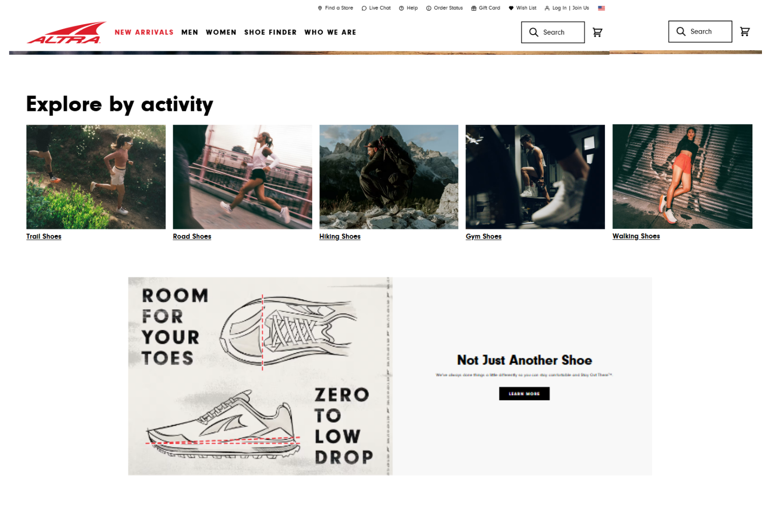 Altra website homepage: Running shoes categorized by activity, featuring text and illustrations.