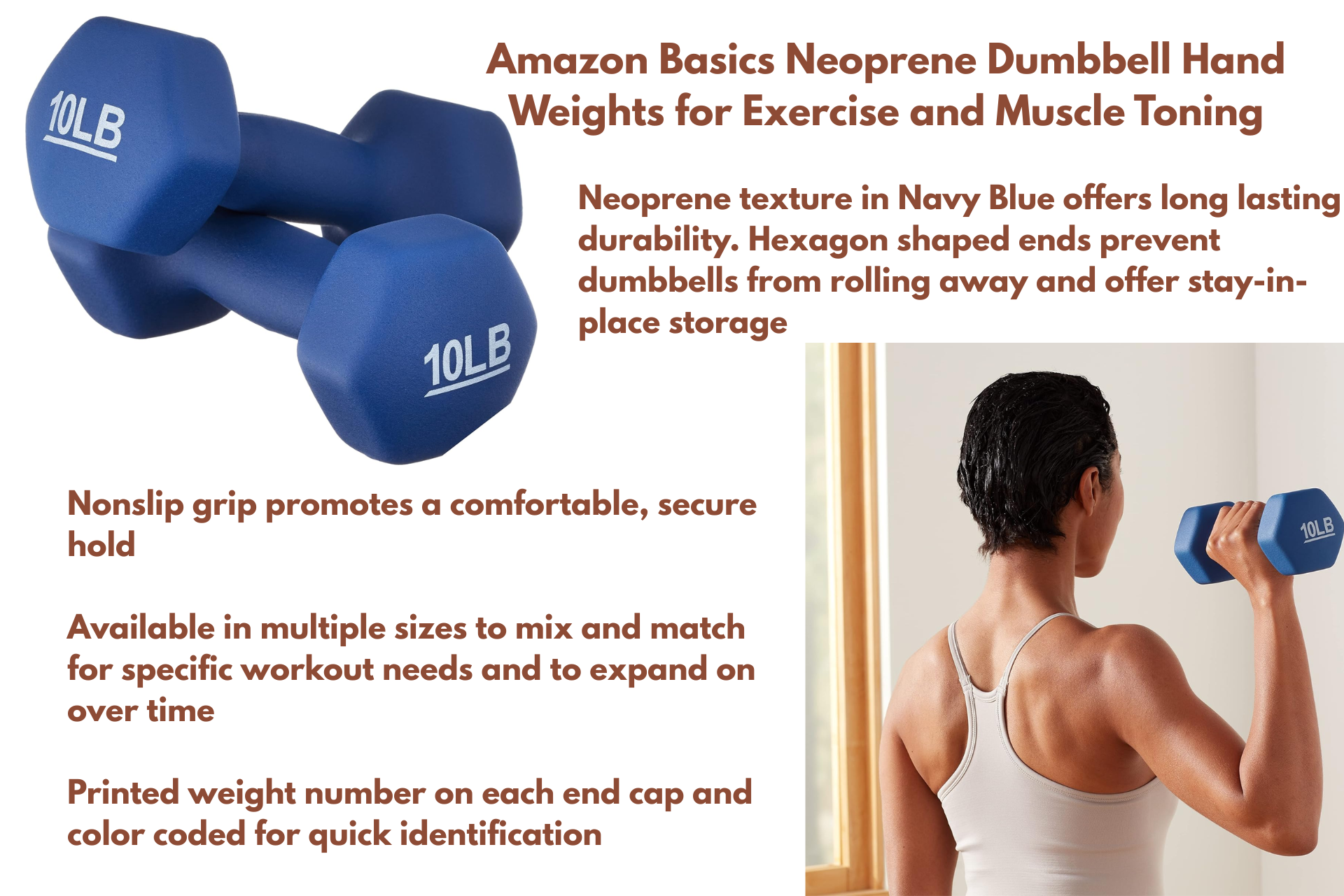 Two navy blue dumbbells. A person holding one, exercising. Text describing features and use.
