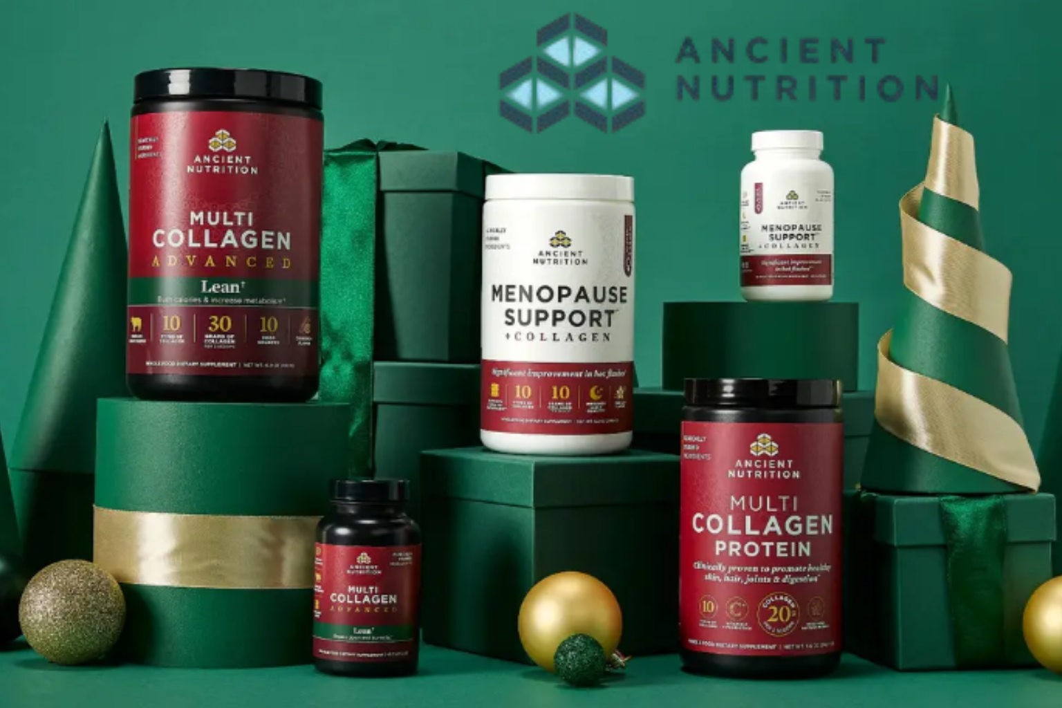 Ancient Nutrition collagen supplements displayed on green boxes, holiday-themed setting, gold and green decorations.
