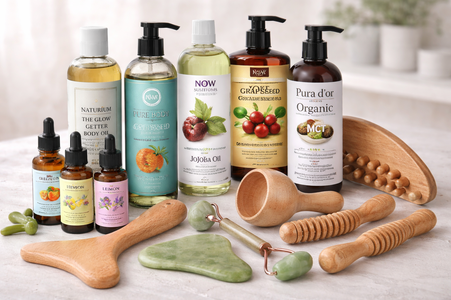 Assortment of essential oils and massage tools