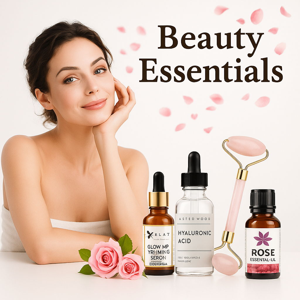skincare products, serums, gua sha tools, and rose-inspired items arranged on a clean surface. A soft, elegant aesthetic 