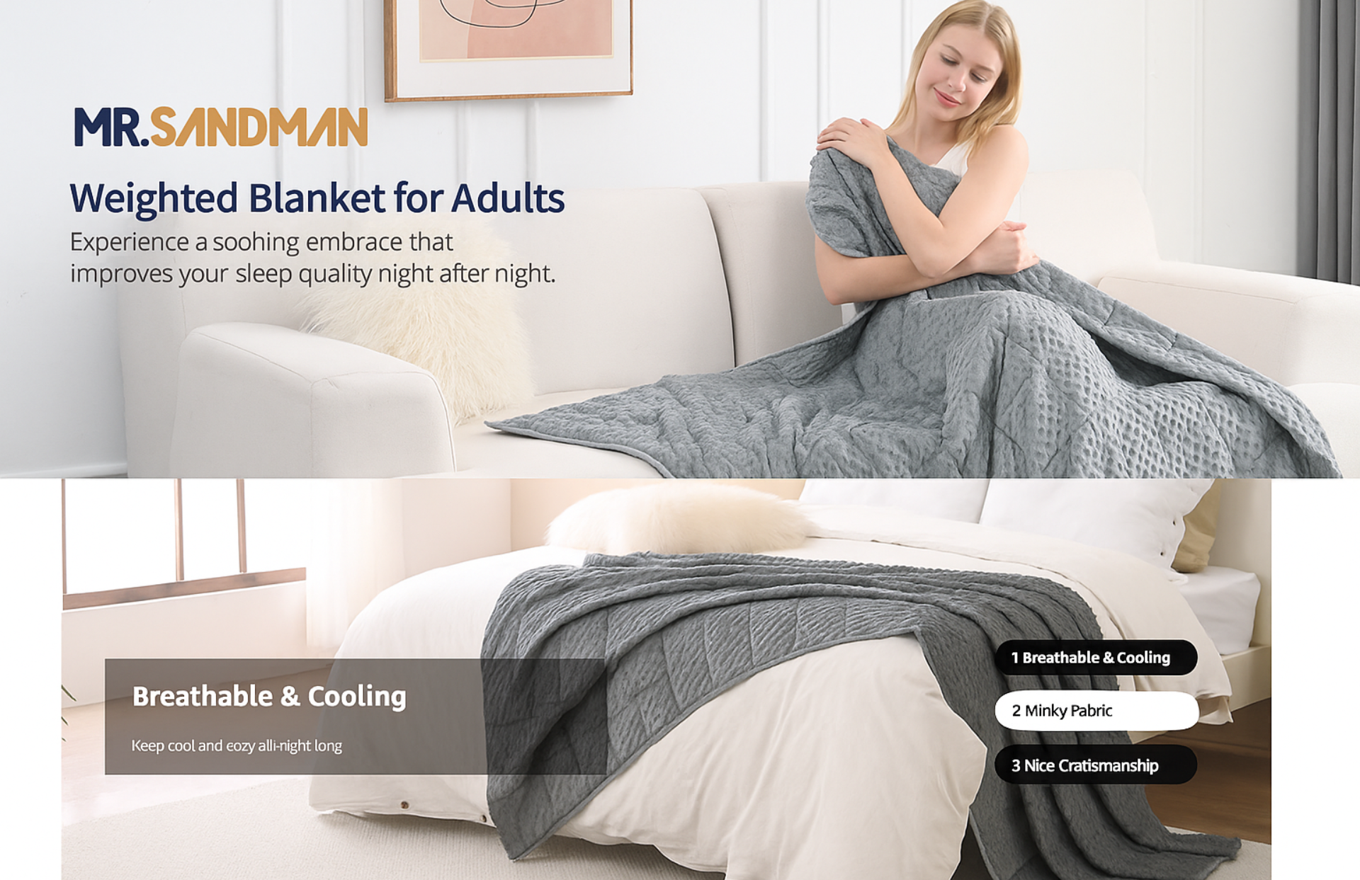 Woman on sofa draped in gray weighted blanket; product ad.