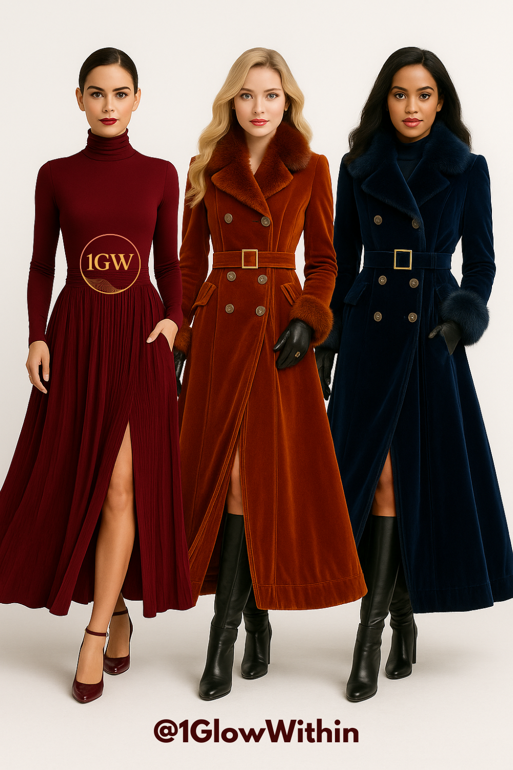 Three women modeling long velvet coats in maroon, rust, and navy.