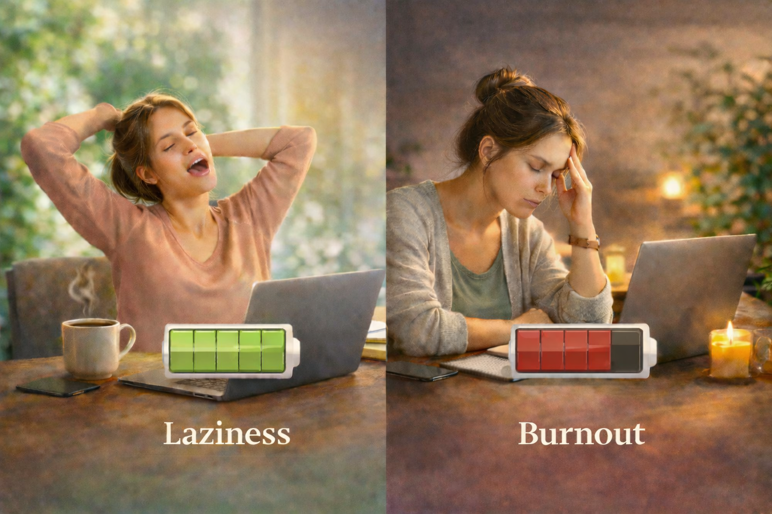Burnout versus laziness visual comparison