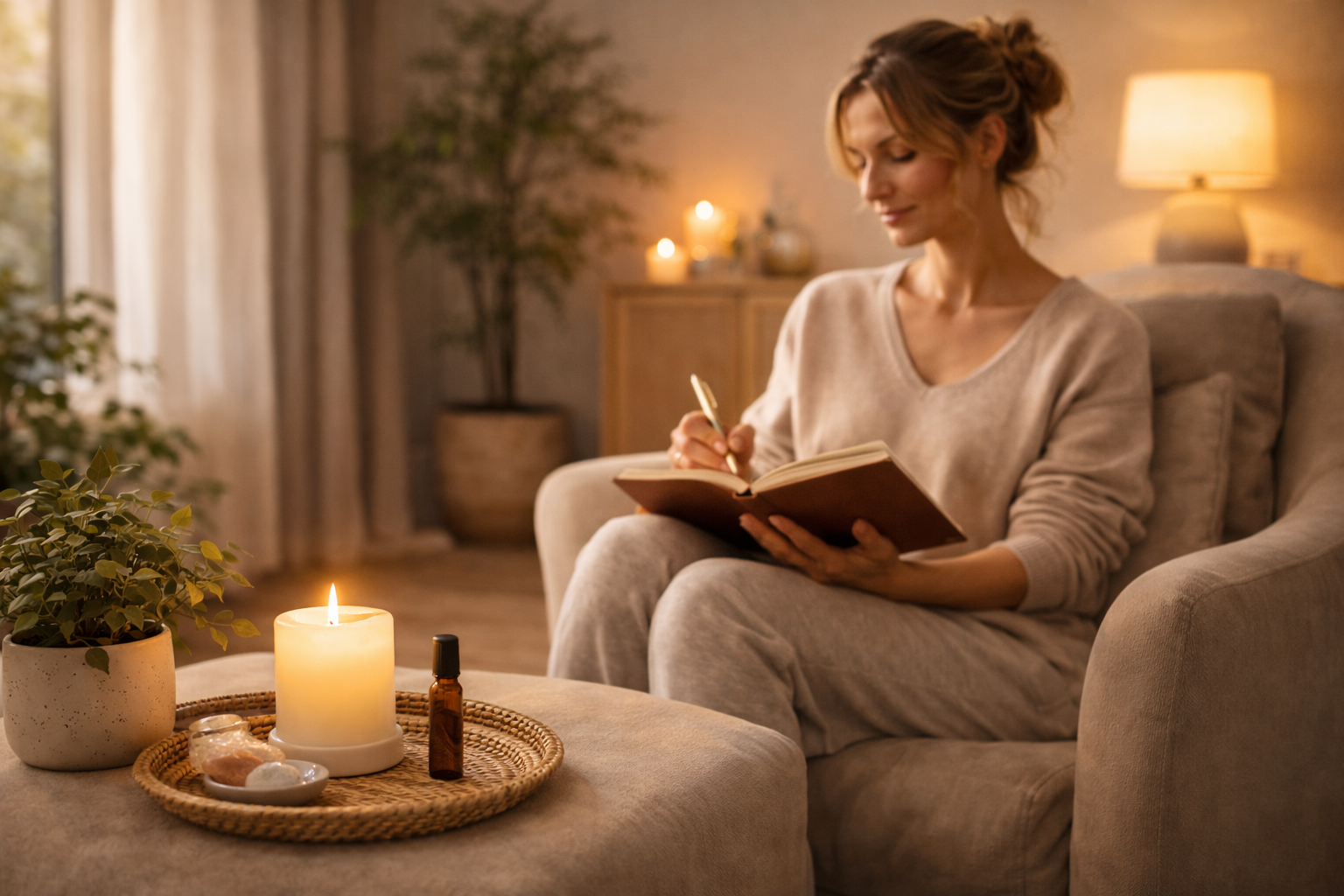 Woman journaling beside candle and oil tray