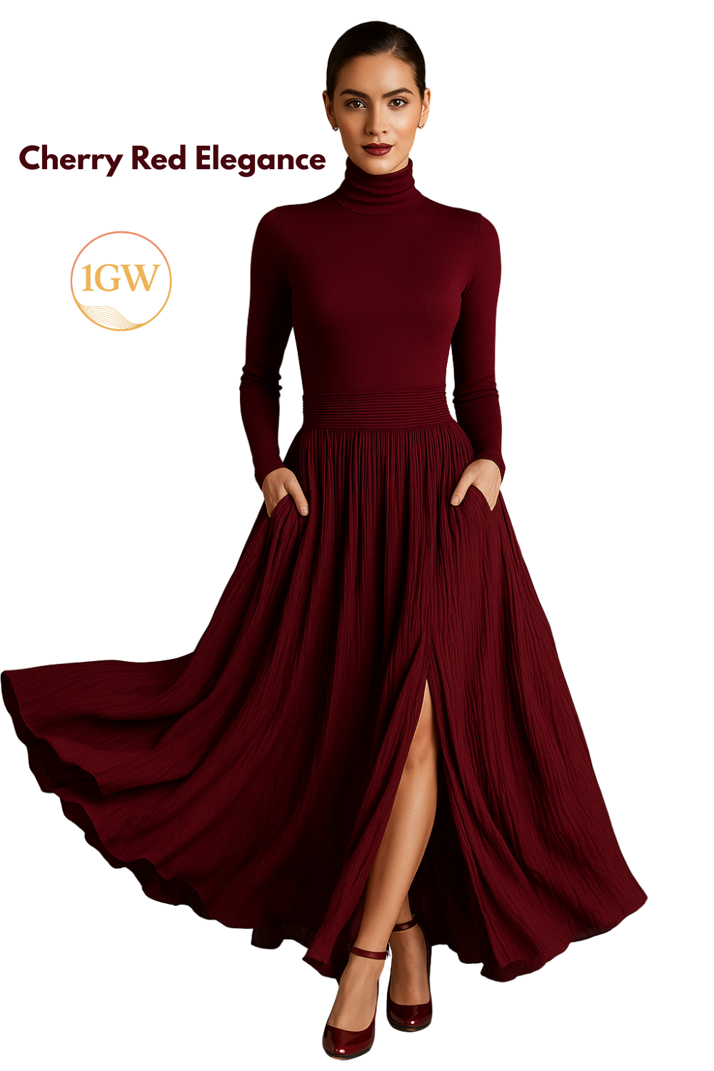 Woman in a cherry red, long-sleeved turtleneck dress with pockets and a slit, posing for a photo.