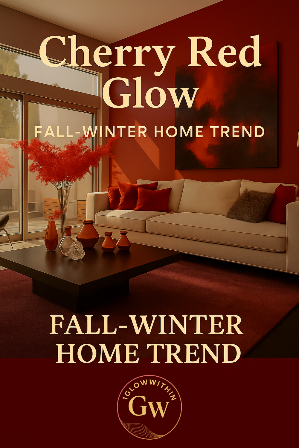 Living room with cherry red walls, white couch, red rug, and dark wood table. Fall-winter home trend.