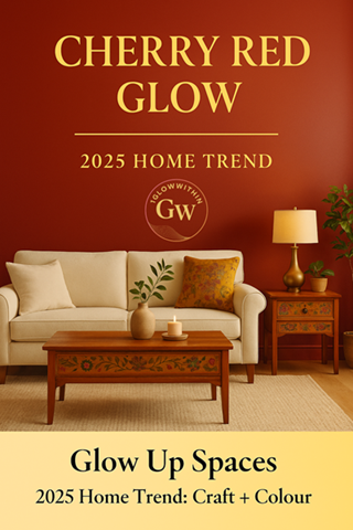 Living room in cherry red with sofa, table, lamp; home trend graphic.