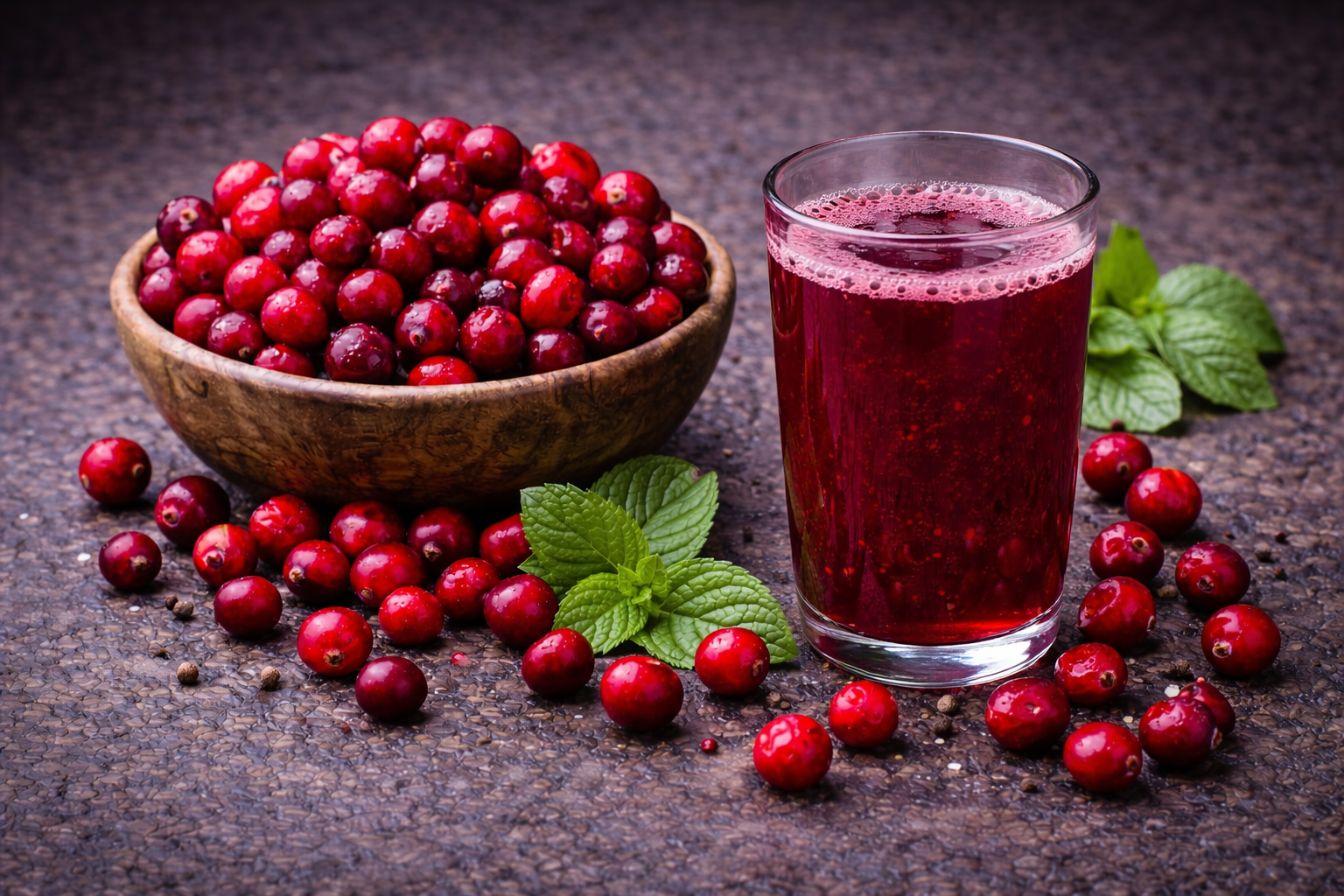 Cranberries and cranberry juice with fresh mint