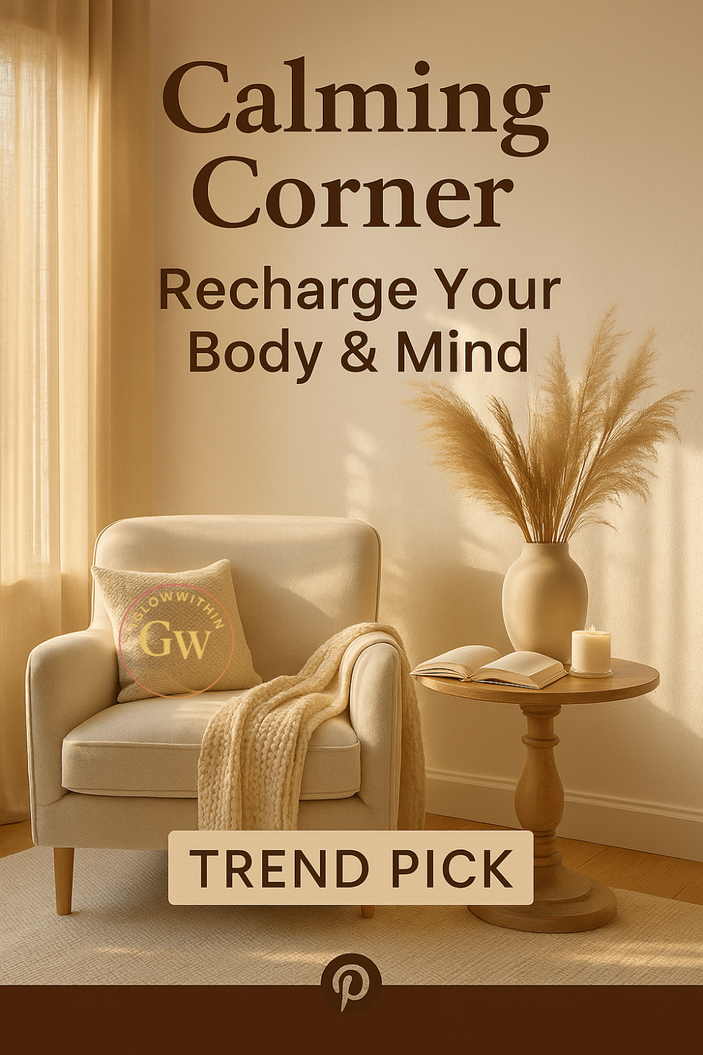 Cozy reading corner with armchair, side table, pampas grass, and text