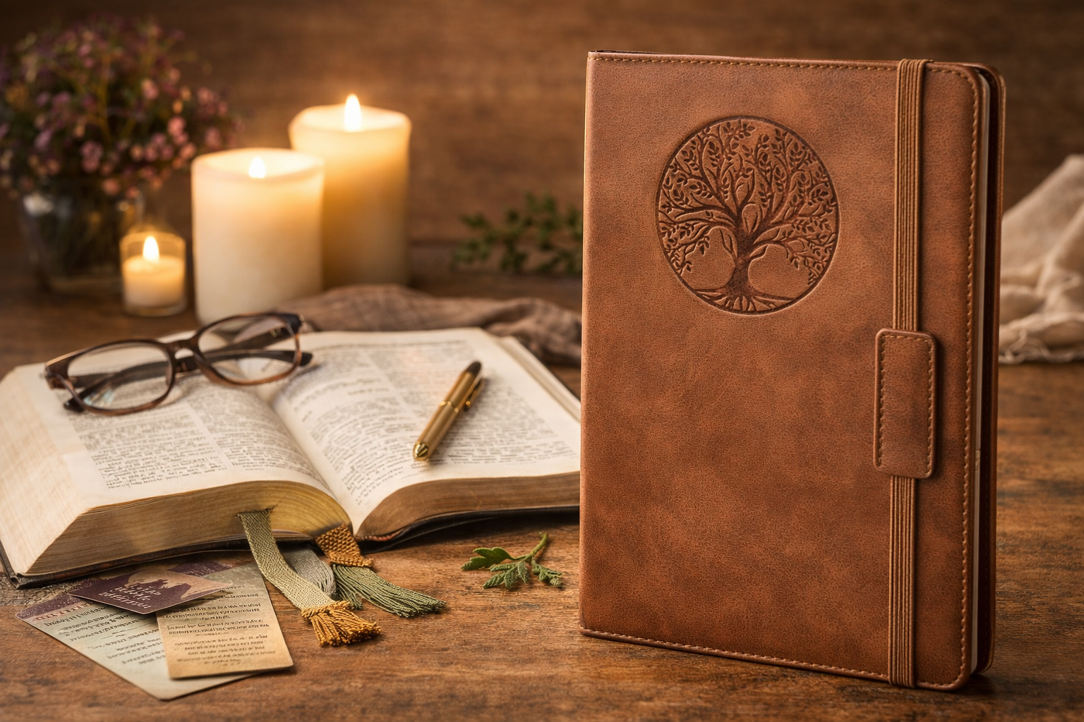 Devotional reflection with scriptures and candlelight