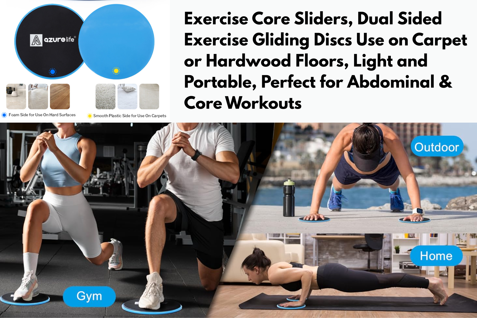 Core sliders for exercise. People using them in a gym, outdoors, and at home.