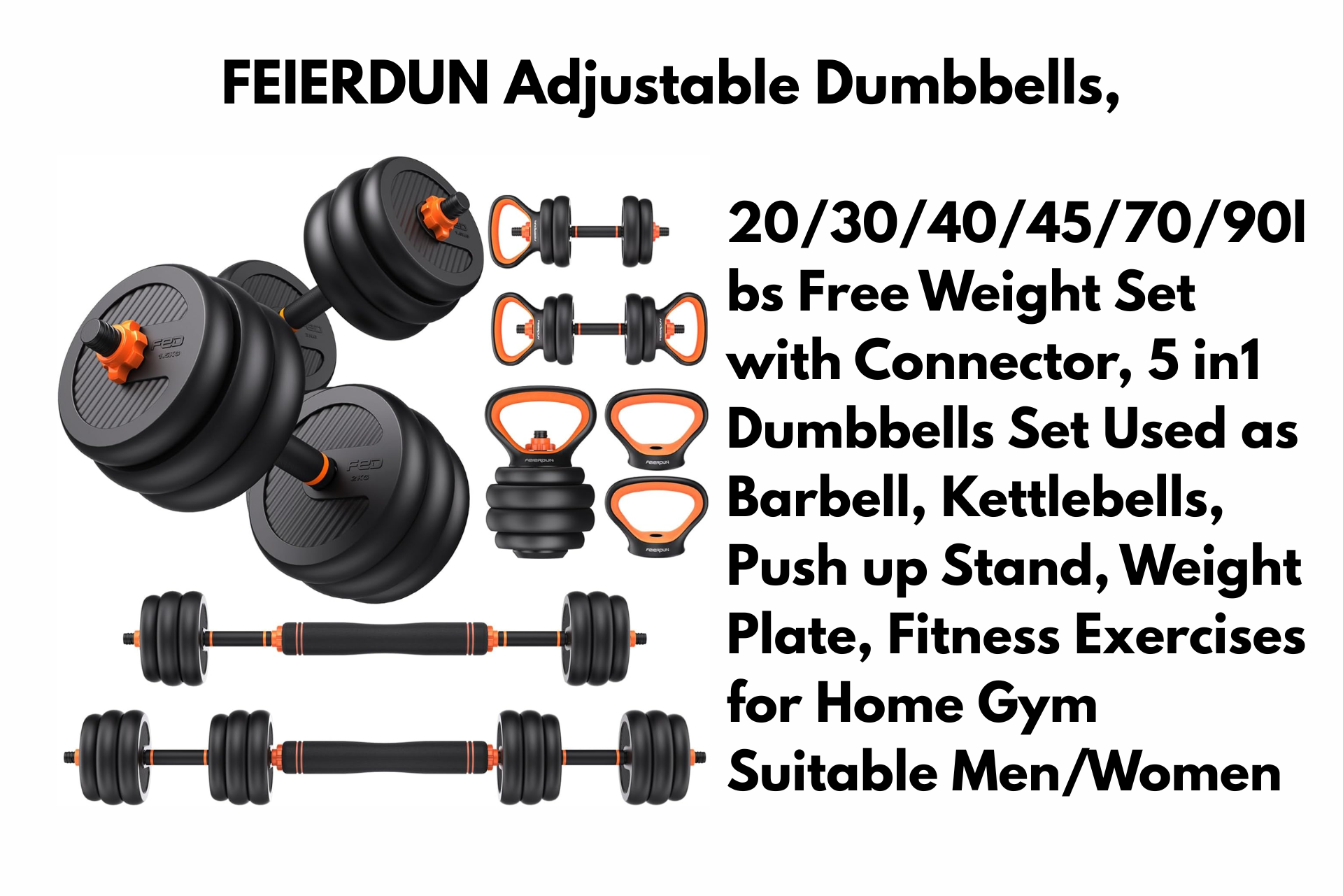 Adjustable dumbbells set. Includes various components for different exercises, with descriptions and weights listed.