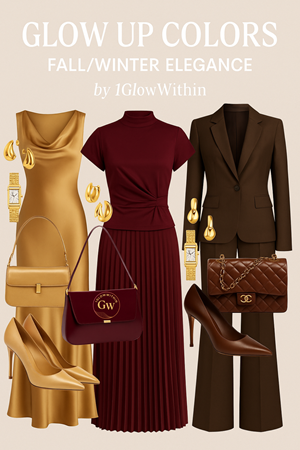 Fashion mood board: fall/winter outfits in gold, burgundy, and brown tones.