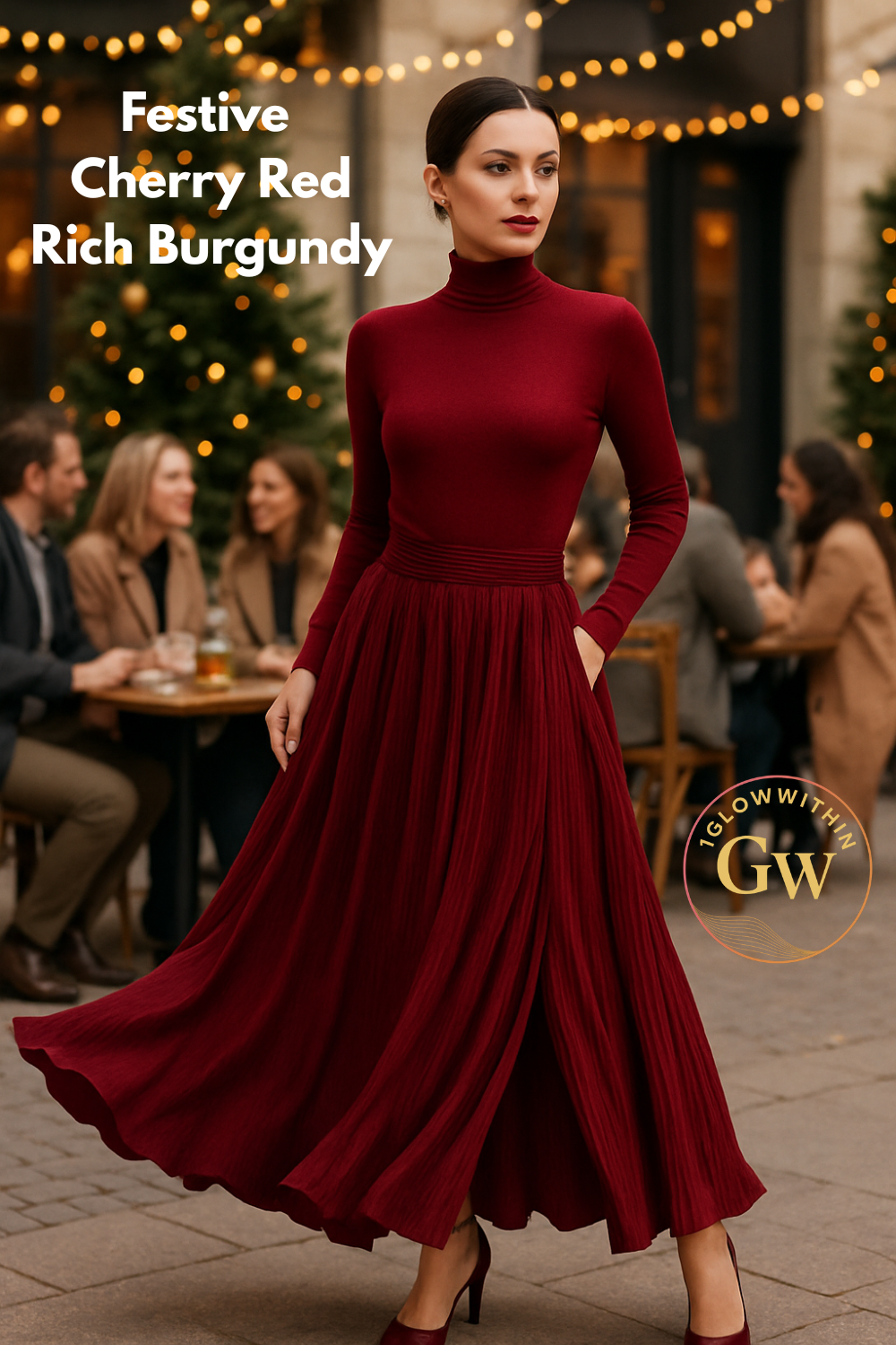 Woman in red dress outside, turtleneck, flowing skirt, people in background, holiday lights.