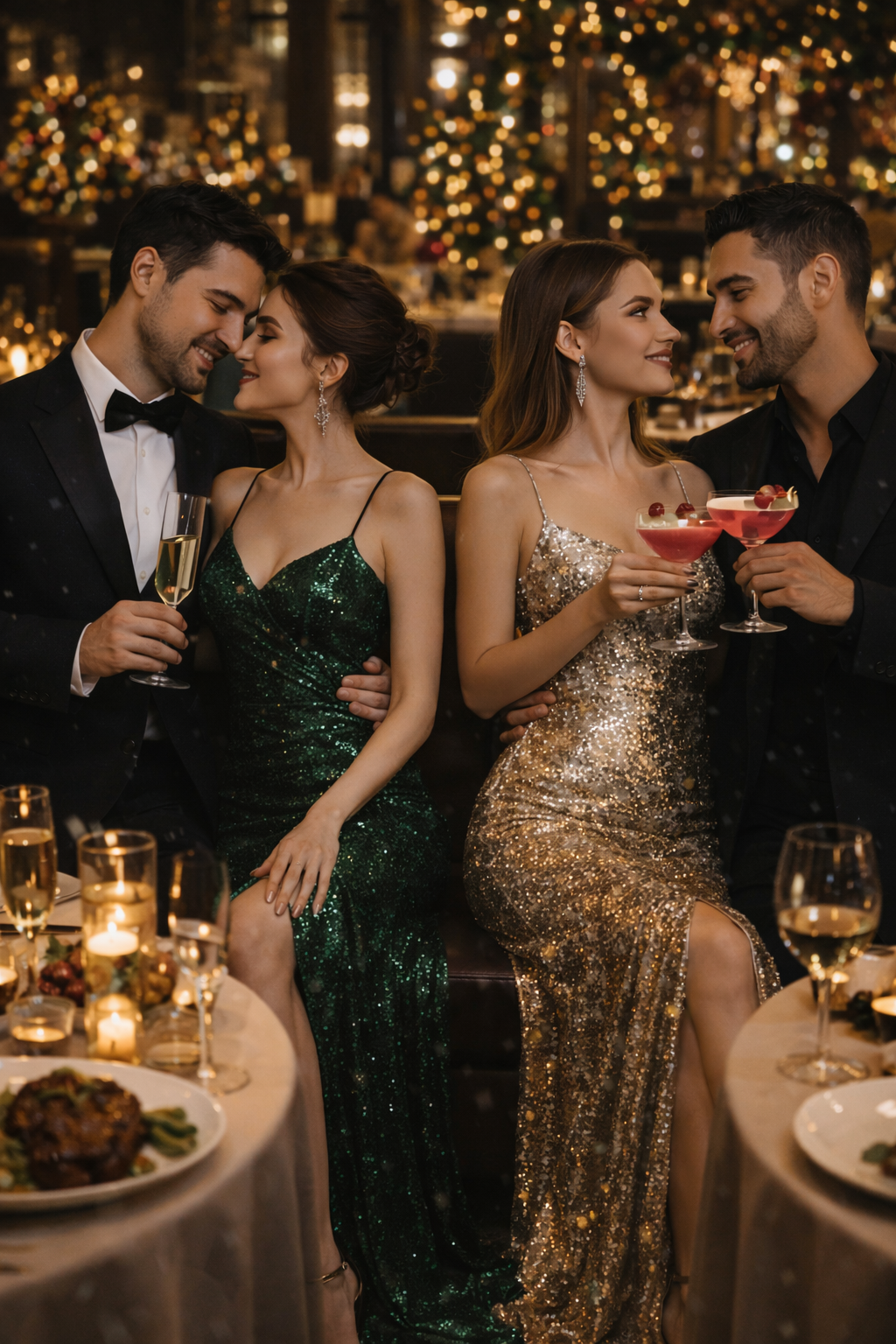 Two couples in formal attire at a candlelit restaurant, toasting with drinks.