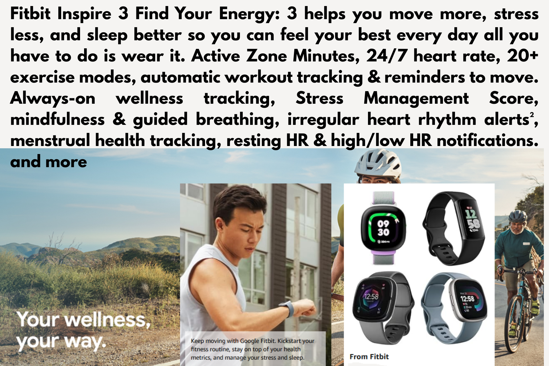 Fitbit Inspire 3 ad. Man wearing watch outdoors. Several watch models shown. Text lists features, 