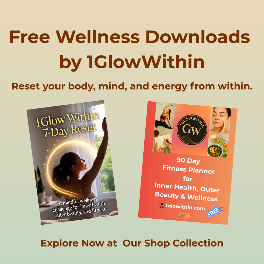 1GlowWithin wellness downloads. Includes two book covers with woman and logo, promoting fitness and 7-day reset.