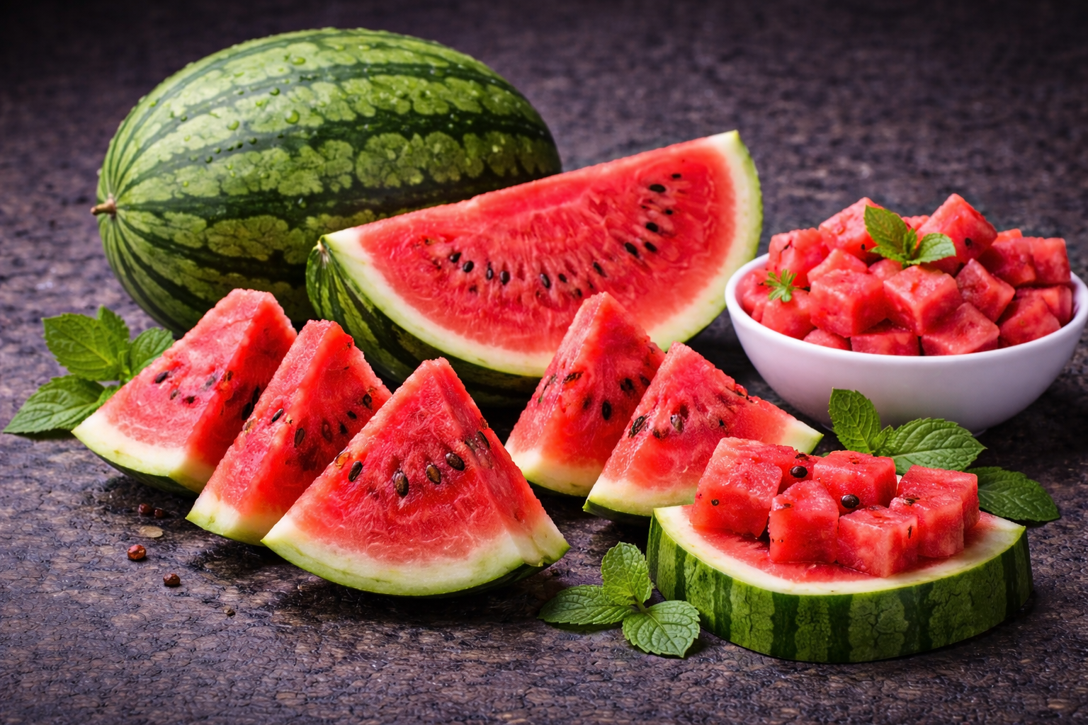 Fresh watermelon slices with mint