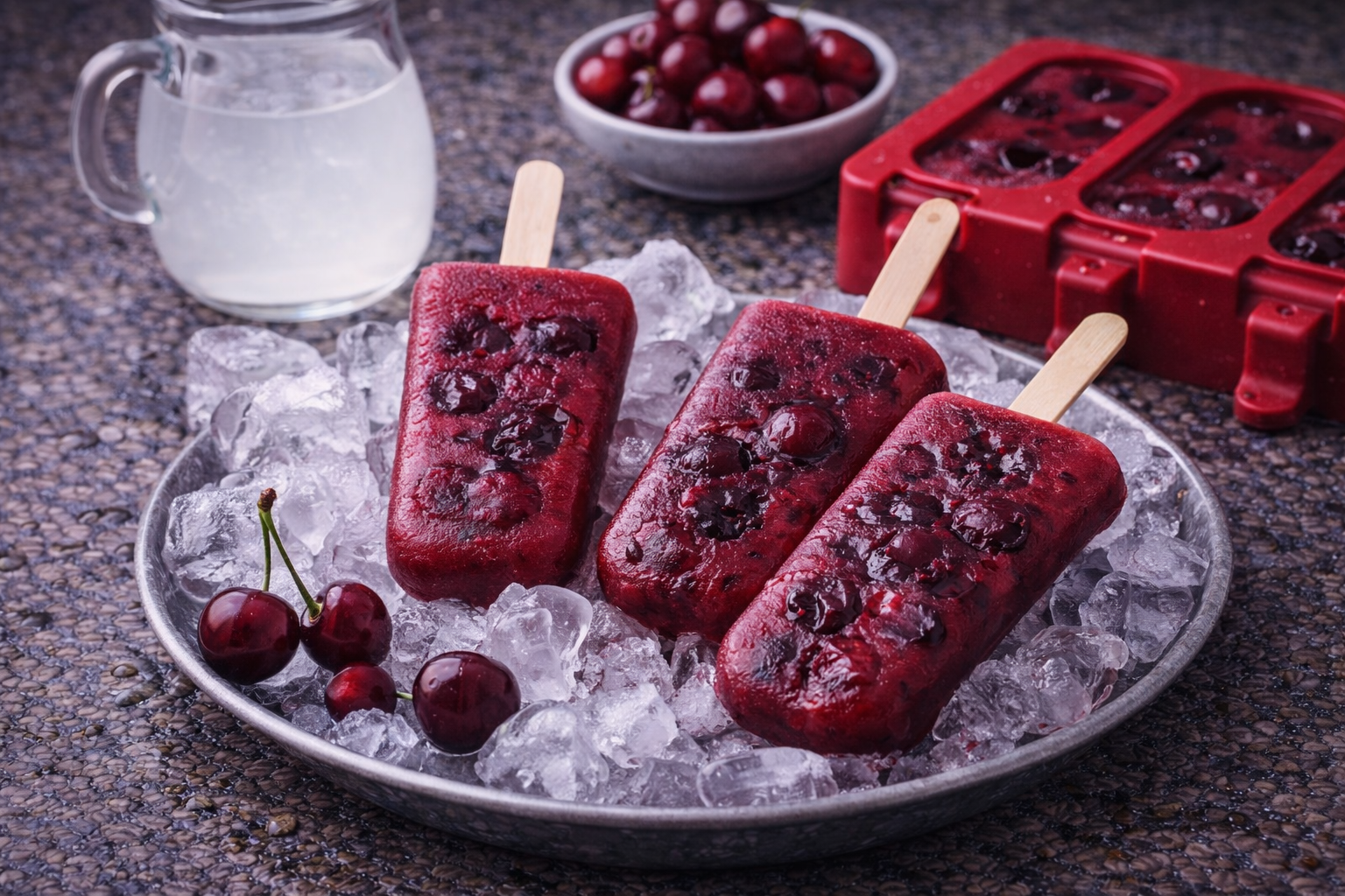 Frozen cherry popsicles on ice