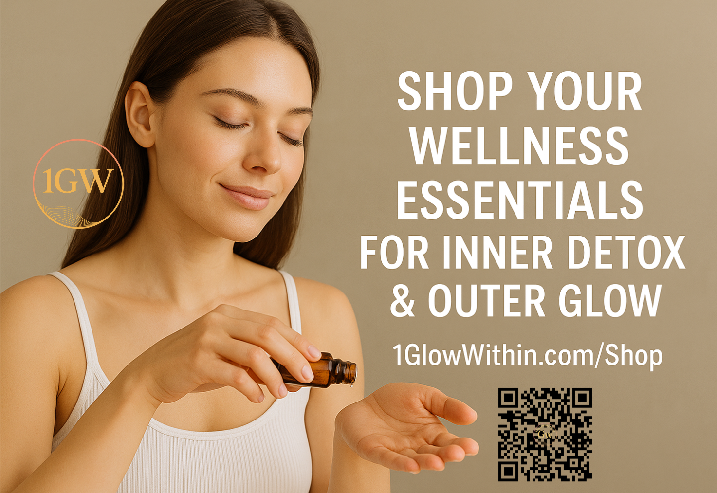 Woman with wellness essentials, holding bottle, text: Shop for inner detox & outer glow, 1GlowWithin.com/Shop