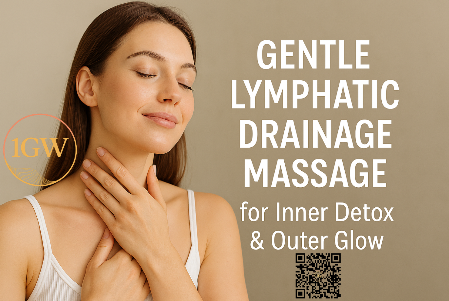 Woman with closed eyes performs lymphatic drainage massage on neck; text promoting inner detox and outer glow.