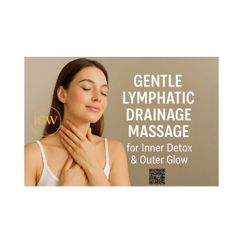 Woman performing gentle lymphatic drainage massage on her neck; beige background; text: