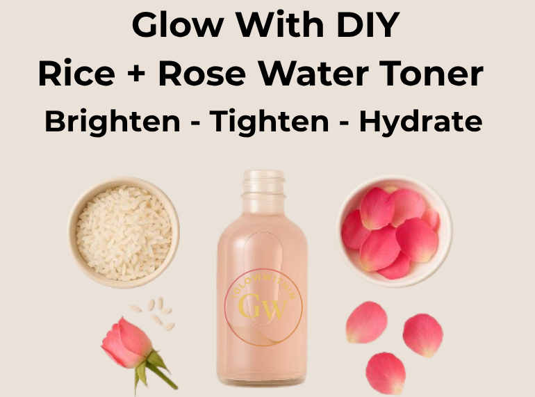 DIY rice and rose water toner: Ingredients and a bottle with text