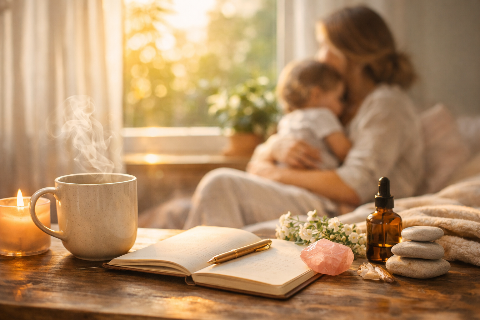 Young mother holding her child in a calm, sunlit home with simple self-care items on a table.