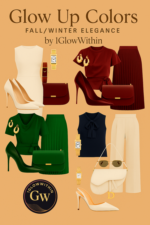 Fashion outfits: cream, burgundy, green, navy, and cream. Accessories include purses, watches, and shoes.