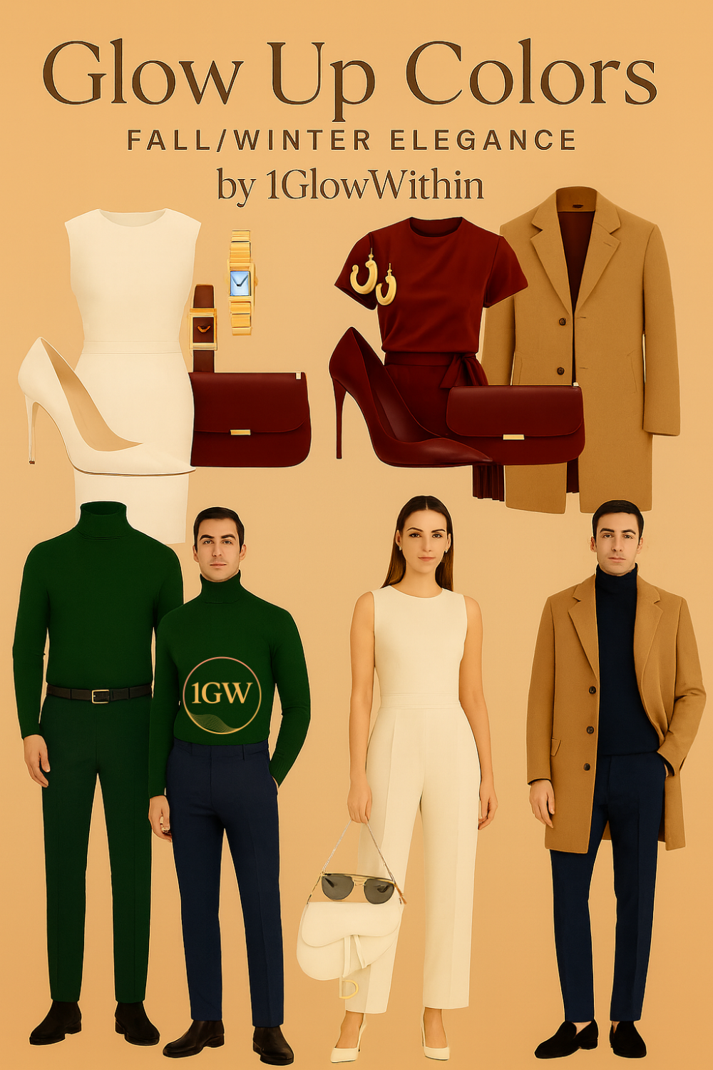 Fashion guide: Fall/Winter outfits in white, burgundy, green, camel, and navy, with accessories.