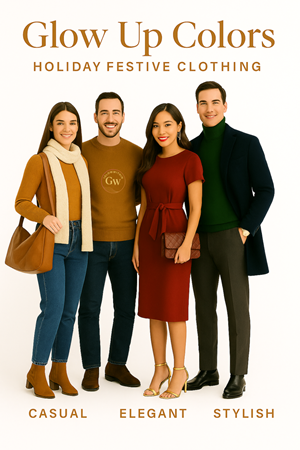 Group of four people modeling holiday outfits in brown, red, green, and blue.