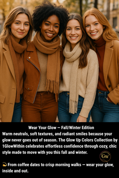 Four women in fall attire, smiling outdoors. They wear neutral colors: tan coats, scarves, sweaters, and jeans.