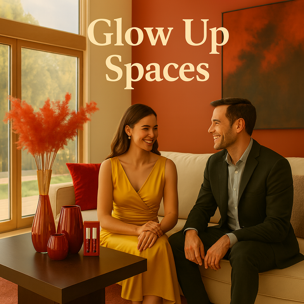 decorated in cherry red tones. A black coffee table displays red vases, a glass ornament, and vibrant floral stems. 