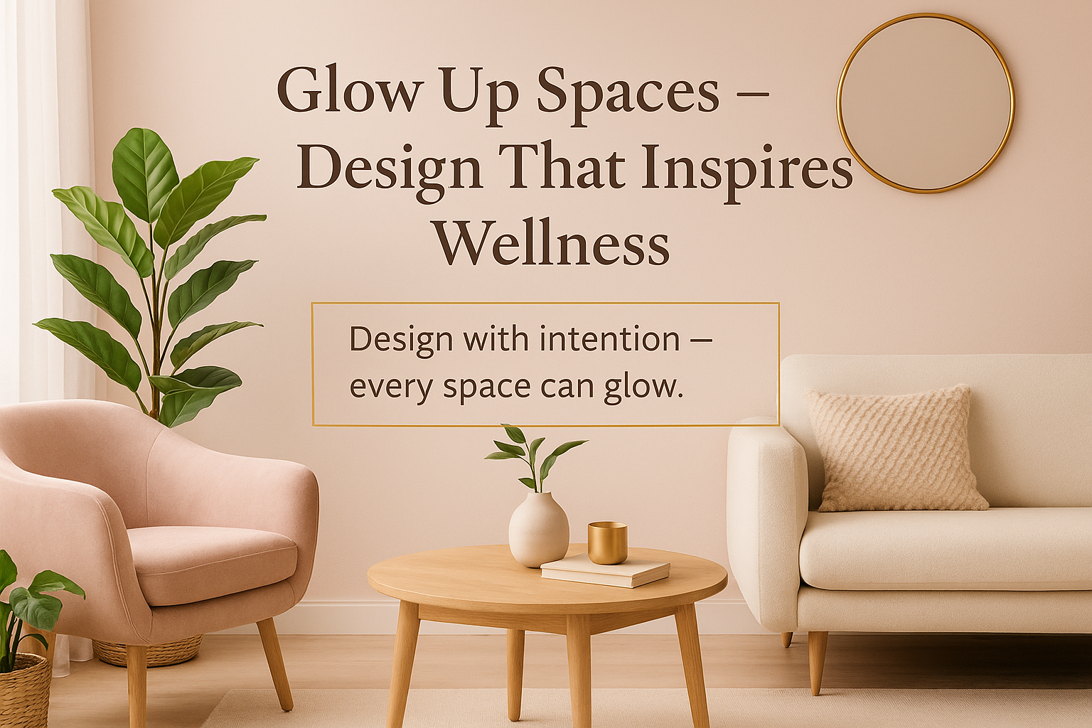 beige couch, wooden table, round mirror, and plant. Text: