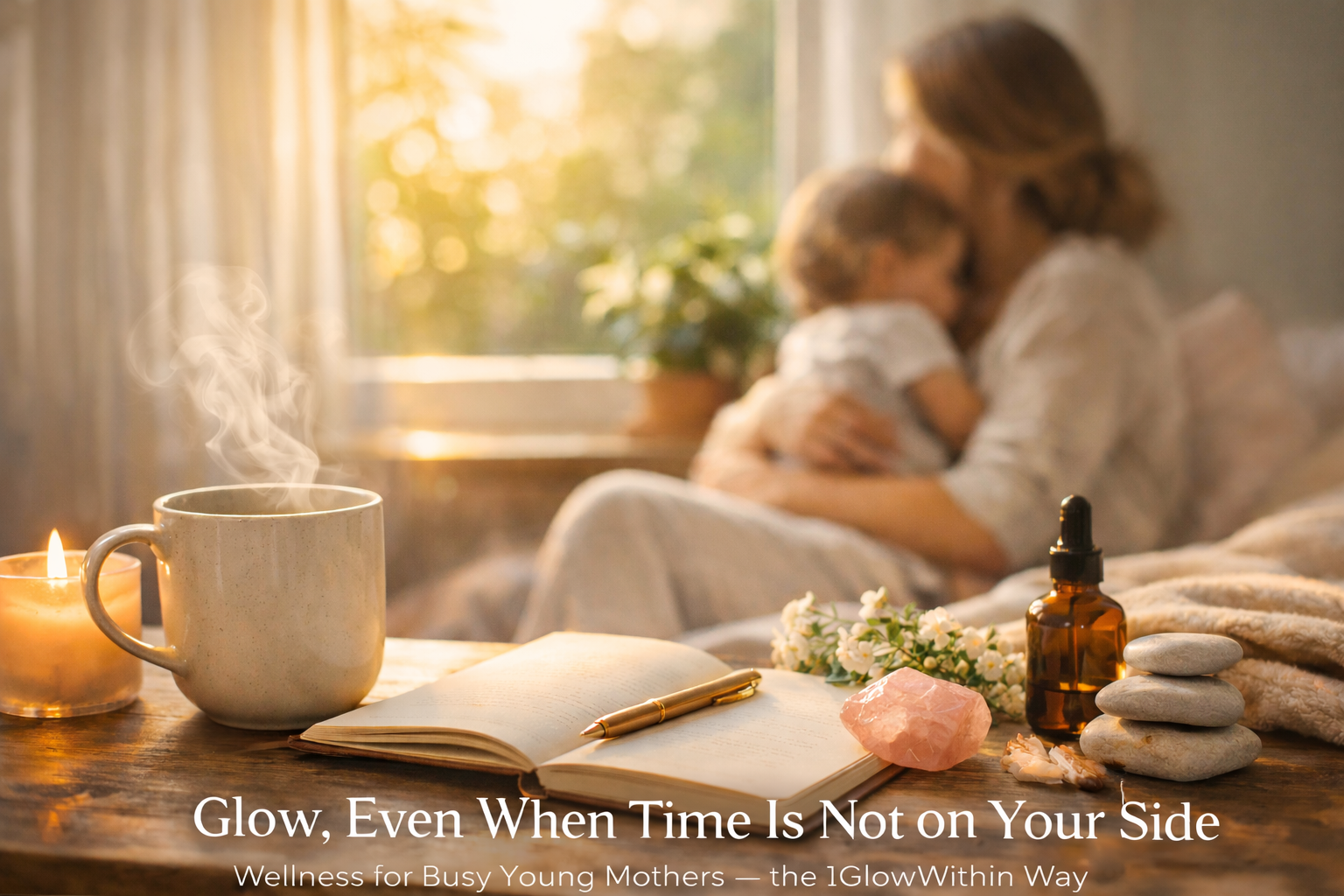 Young mother holding her child in a calm, sunlit home with simple self-care items on a table.