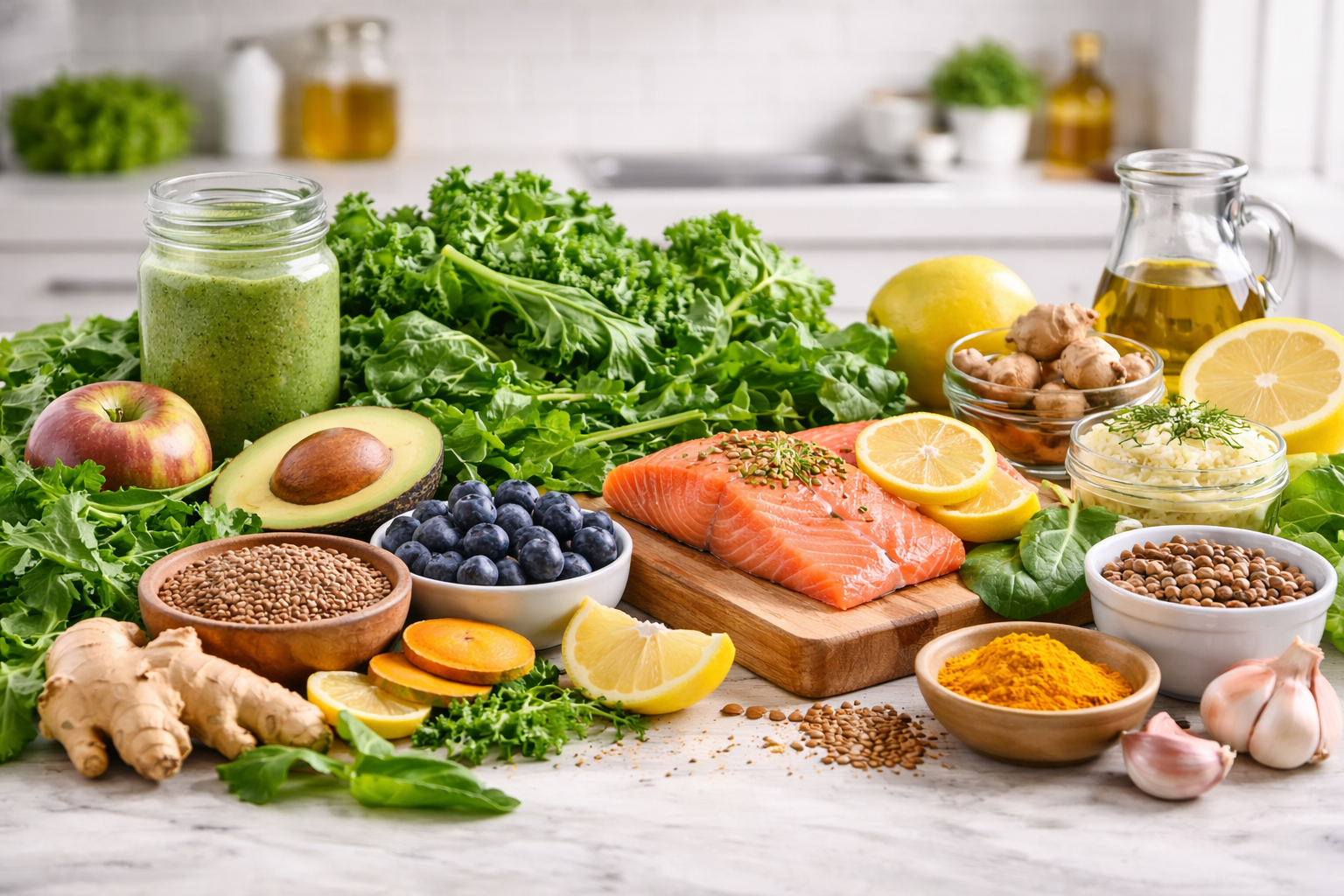 Spring reset superfoods with smoothie, avocado, berries, and salmon bowl on a clean kitchen counter