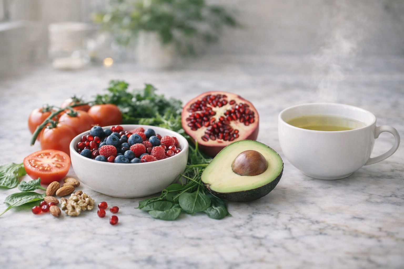 Healthy snack assortment with green tea