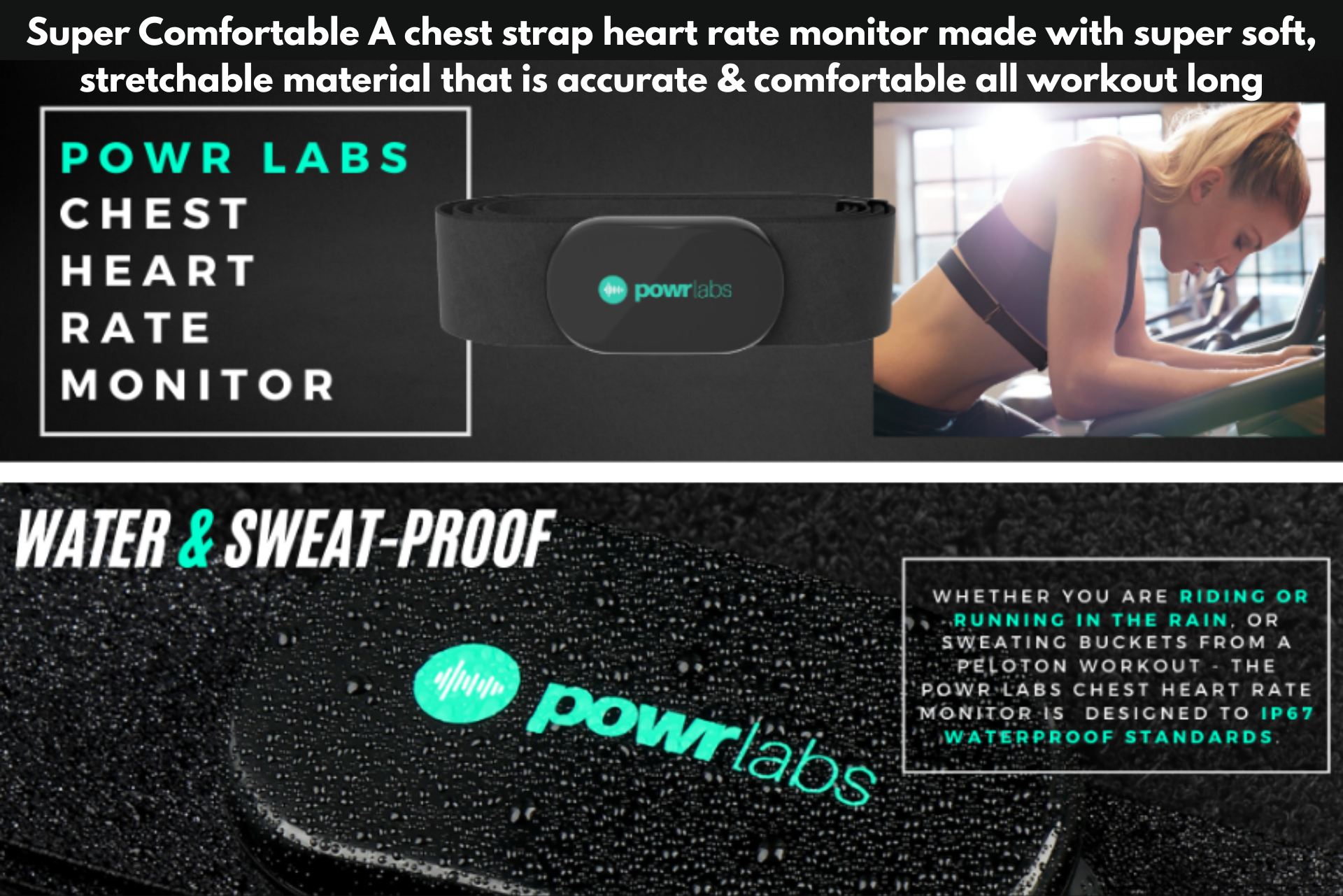 Black heart rate monitor strap by Powr Labs, water and sweatproof, for workouts.