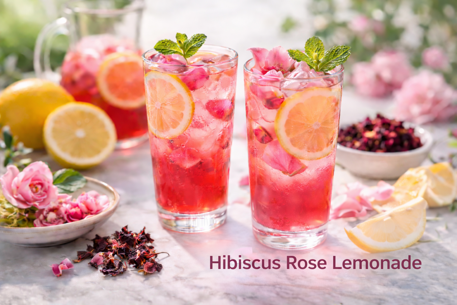 Hibiscus rose lemonade made with hibiscus tea, lemon, and rose petals rich in antioxidants and wellness benefits.