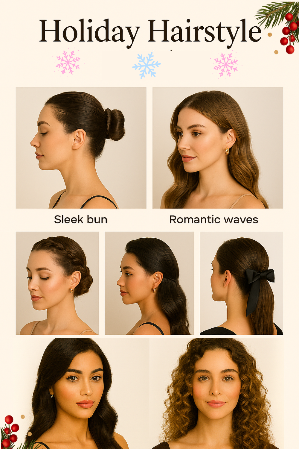Holiday hairstyle guide: Sleek bun, romantic waves, braided updo, half-up style, curly hair.