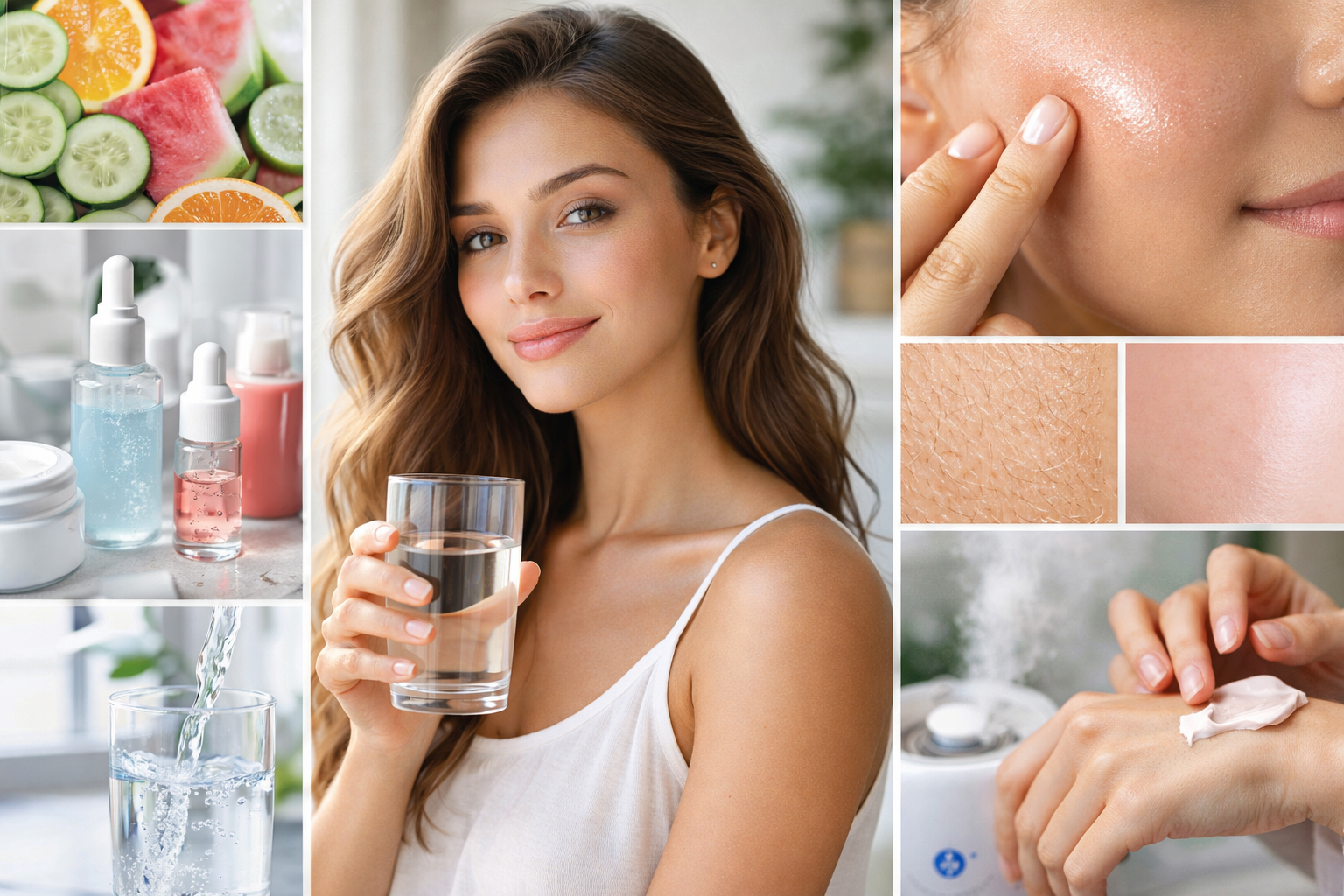 Hydrated glowing skin with water, skincare fresh fruits representing hydration benefits for skin