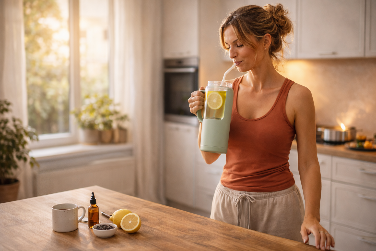 Woman drinking lemon water from stanley cup